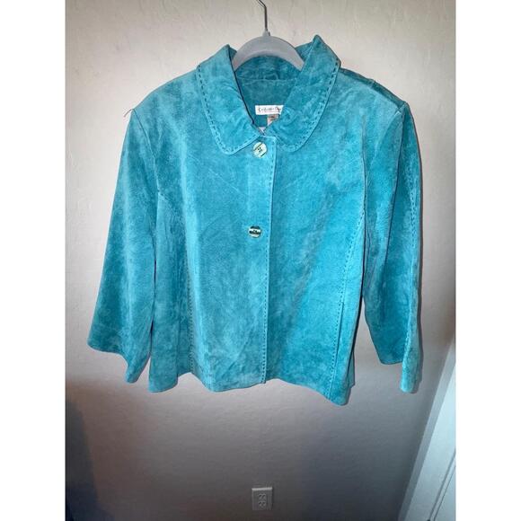 Coldwater‎ Creek Jacket Womens XL Turquoise Suede Button Front Retro Statement - Picture 1 of 4